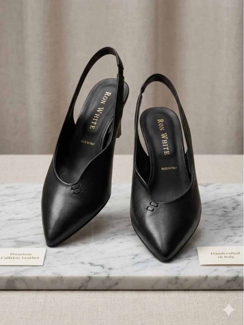 Ron white Black Leather Slingback Pointed Toe Pumps 39